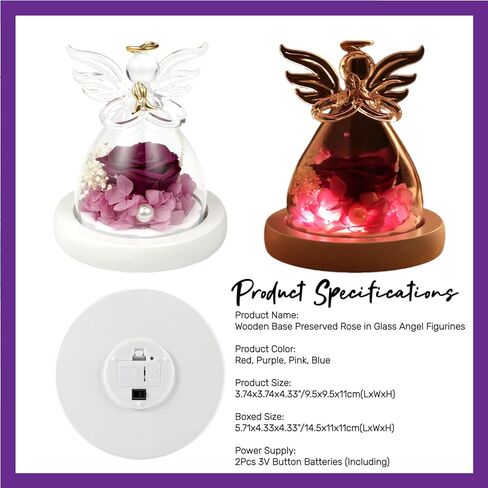 Eternal Rose in Glass Angel Figurines, Romantic Gift for Mother's Day, Preserved Red Rose Forever Flower with Led Light and Wood Base, Wedding Anniversary Birthday Gift for Her in Kuwait