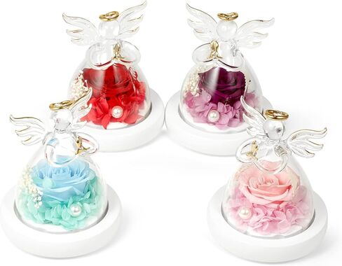 Eternal Rose in Glass Angel Figurines, Romantic Gift for Mother's Day, Preserved Red Rose Forever Flower with Led Light and Wood Base, Wedding Anniversary Birthday Gift for Her in Kuwait