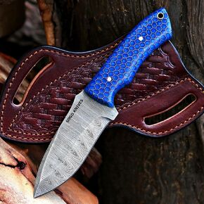 Fixed Blade Damascus Steel Hunting Knife with Leather Sheath, 9'' Full Tang Hunting Skinning,Non-Slip Wooden Handle,Camping Knife (VENGI) in Saudi Arabia
