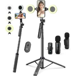 Yeaki Vlogging Kit for iPhone/Android, 71" Selfie Stick Tripod for iPhone with Light, Wireless Remote & Microphone, Adjustable Phone Tripod for TikTok/YouTube Starter Content Creator Essentials Kit in Saudi Arabia
