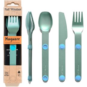 FULL WiNDSOR - MAGWARE Magnetic Travel Camping Cutlery Utensils Set | Travel Utensils for Outdoor Cooking, Dining, & Camping, Knife, Fork & Spoon, Portable Silverware & Pouch, Black (3 PCS) in Kuwait