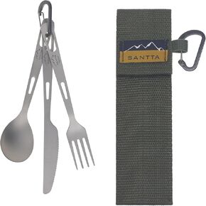 SANTTA Titanium Utensils-Spoon Fork Knife 3-PC Portable Cutlery Set | Ultralight 3 Pieces Flatware with Pouch & Carabiner for Outdoor Camping Backpacking in Saudi Arabia