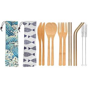 UPTRUST 2 Set Bamboo Cutlery Set Bamboo Travel Utensil Reusable Table cutlery Fork Knife Spoon Chopsticks Straw Cleaning Brush for Travel Picnic School Office（Skyblue& Green） in Kuwait