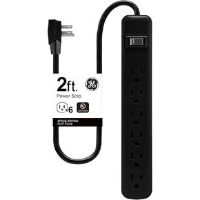 GE 6-Outlet Power Strip, 2ft Cord, Wall Mount, Integrated Circuit Breaker, 15A, 1800W, UL Listed, Black, 14831 | Flat Plug, Wall Mount, On Off Switch, Home Office Dorm Essentials, UL Safety Listed, Black, 14831 in Saudi Arabia