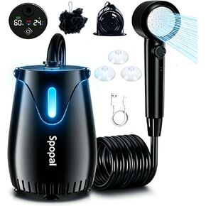 Spopal Portable Camping Shower Pump, 8000mAh Rechargeable with Night Light | LED Display Temp & Power, 5 Adjustable Speeds, 4 Spray Modes, Night Light Modes for Hiking, Travel, Car, Pet in Saudi Arabia