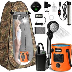 Portable Shower with Heater, Pop up Shower Privacy Tent with LED Lights, 6000mAh Camp Shower Pump, 6.6 Gallons Foldable Bucket, Outdoor Camping Shower Kit for Hiking, Beach, Pet Bath, Car Wash (Black) in Saudi Arabia
