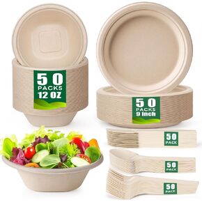 Gezond 250PCS Disposable Paper Plates and Bowls Set with Long Utensils | Compostable Plates Eco-Friendly Dinnerware Set Includes Sugarcane Plate, Bowls, Forks, Knives Spoons for Camping Picnic in Saudi Arabia