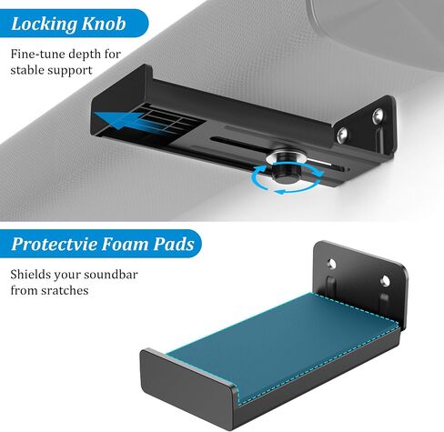 PlusAcc Soundbar Wall Mount, Universal Adjustable Bracket Holder, Black | Holds up to 33 lbs, Sound Bar Mounts Under TV, Depth Adjustable 3.9"–6.7", Heavy-Duty Home Theater Shelf in Saudi Arabia