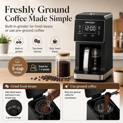 AIRMSEN Coffee Maker with Grinder, 5-Cup Grind and Brew, Programmable | 3 Grind Settings, 24H Delay Brew, Touch Control, Glass Carafe, 2-Hour Auto Keep Warm for Home Offices in Saudi Arabia