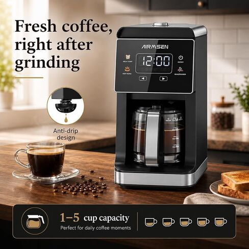 AIRMSEN Coffee Maker with Grinder, 5-Cup Grind and Brew, Programmable | 3 Grind Settings, 24H Delay Brew, Touch Control, Glass Carafe, 2-Hour Auto Keep Warm for Home Offices in Saudi Arabia