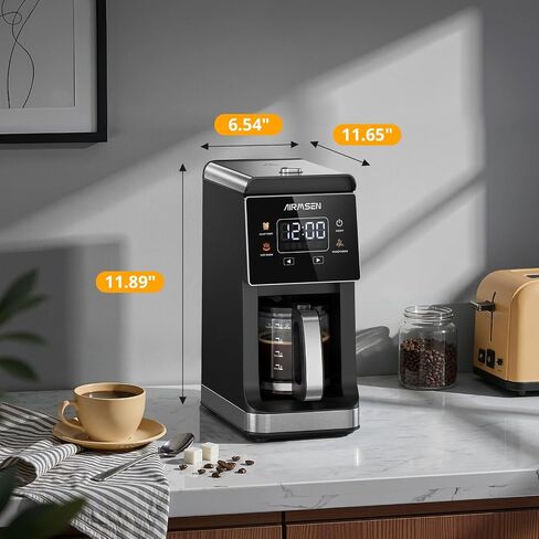 AIRMSEN Coffee Maker with Grinder, 5-Cup Grind and Brew, Programmable | 3 Grind Settings, 24H Delay Brew, Touch Control, Glass Carafe, 2-Hour Auto Keep Warm for Home Offices in Saudi Arabia