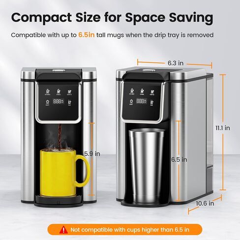 Horavie Single Serve Coffee Maker for K-Cup Pod and Grounds, Hot & Iced Coffee Maker, Strong Button Feature, 6 to 14oz Brew Sizes, 50oz Removable Tank, Up to 6.5 Inch Mug, Stainless Steel, Black in Saudi Arabia