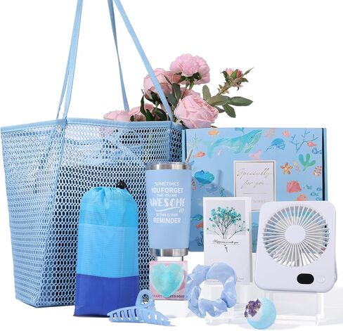 Beferr Beach Birthday Gifts Basket for Women, 79" X 83" Beach Blanket Waterproof Sandproof, Beach Mesh Tote Bags, 12 Pcs Ocean-Themed Gift Set for Her Wife Mom Sister Grandma Friend in Saudi Arabia