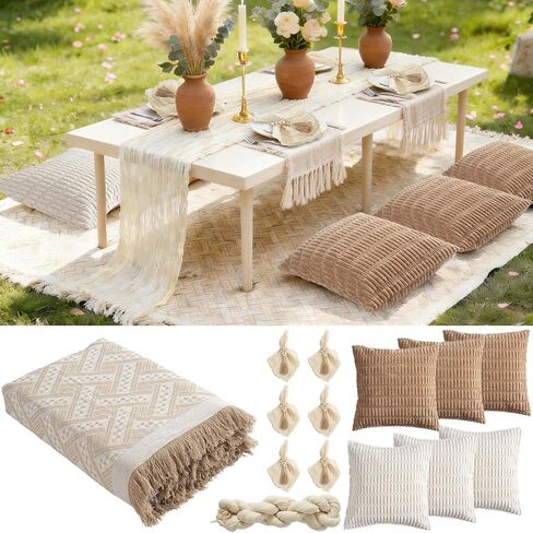 91x 71 Extra Large Outdoor Boho Picnic Blanket with 6 Throw Pillow Covers, Pink White Table Runner, 6 Napkins, 6 Napkin Rings, Cotton Yarn Oversize Beach Blanket for Outdoor Party Camp Wedding in Saudi Arabia