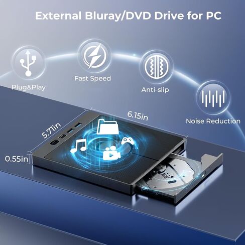 Multifunctional External Blu Ray Drive for PC Support 100G Disc Read/Burn | Plug & Play Bluray Burner External with USB 3.0/Type-C/SD/TF Card Ports, USB Blu Ray Drive External for Windows Mac OS Linux in Saudi Arabia
