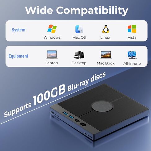 Multifunctional External Blu Ray Drive for PC Support 100G Disc Read/Burn | Plug & Play Bluray Burner External with USB 3.0/Type-C/SD/TF Card Ports, USB Blu Ray Drive External for Windows Mac OS Linux in Saudi Arabia