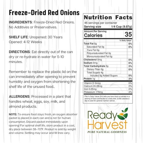 Ready Harvest Freeze Dried Food - Red Onions | Emergency Canned Vegetables | #10 Can | 25-Year Shelf Life | Cans Filled to the Top in Saudi Arabia