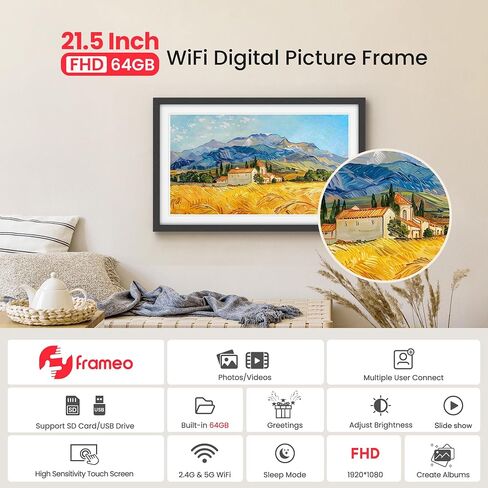 64GB Frameo 21.5" Digital Picture Frame Large 1920 x 1080 IPS FHD Touch Screen WiFi Electronic Photo Frames Share Moments from Phone Instantly Best Gifts for Parents and Grandparents Black Wood White in Kuwait