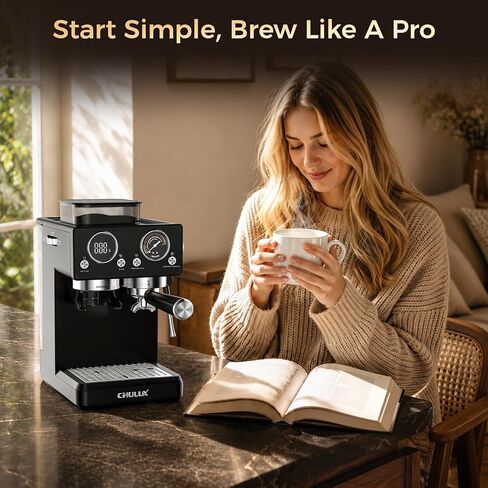 CHULUX Nero 20Bar Espresso Machine with Conical Burr Grinder for Cappuccino | Hot and Iced Espresso, 4-in-1 Brewing Function, Real-Time Pressure and Temp, Steam Wand for Microfoam, Home Barista Brewing in Saudi Arabia