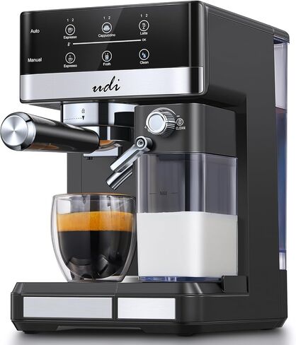 UDI Espresso Machine, 20 Bar Automatic Cappuccino & Latte Coffee Maker | Auto or Manual Quick Brew Dual Boiler, Touchscreen Espresso Maker (Black+Sliver) in Kuwait