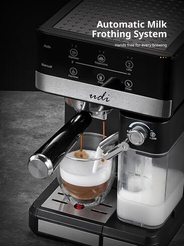 UDI Espresso Machine, 20 Bar Automatic Cappuccino & Latte Coffee Maker | Auto or Manual Quick Brew Dual Boiler, Touchscreen Espresso Maker (Black+Sliver) in Kuwait