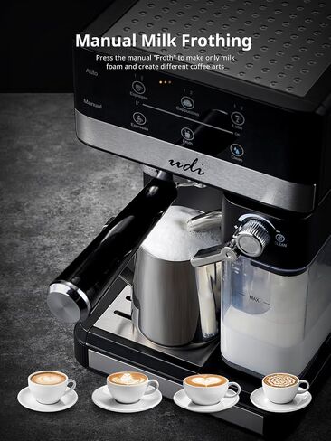 UDI Espresso Machine, 20 Bar Automatic Cappuccino & Latte Coffee Maker | Auto or Manual Quick Brew Dual Boiler, Touchscreen Espresso Maker (Black+Sliver) in Kuwait
