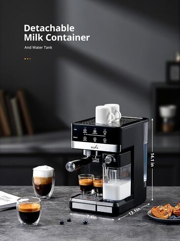UDI Espresso Machine, 20 Bar Automatic Cappuccino & Latte Coffee Maker | Auto or Manual Quick Brew Dual Boiler, Touchscreen Espresso Maker (Black+Sliver) in Kuwait