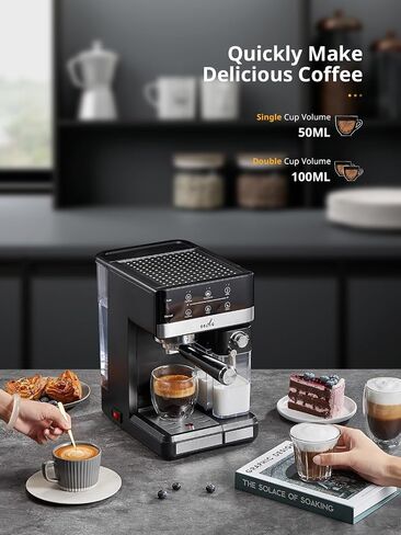 UDI Espresso Machine, 20 Bar Automatic Cappuccino & Latte Coffee Maker | Auto or Manual Quick Brew Dual Boiler, Touchscreen Espresso Maker (Black+Sliver) in Kuwait