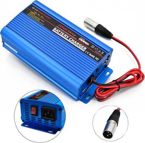 Unocho 24V 5A Battery Charger 4-Stage Smart Lead-Acid Charger with 3-Pin XLR Connector Power Switch and LED Display for Wheelchairs Mobility Scooters AGM Gel SLA VRLA in Kuwait