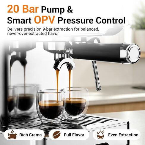 Espresso Machine 20 Bar, Barista Espresso Maker, Steam Wand, Removable Tank | OPV 9-bar stability, LCD display, 60.8oz removable water tank, Pre-heat cup warmer, POD compatible in Saudi Arabia