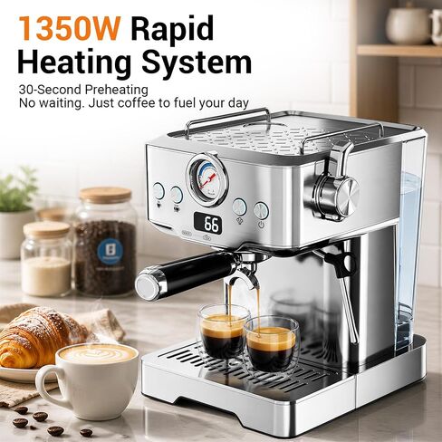 Espresso Machine 20 Bar, Barista Espresso Maker, Steam Wand, Removable Tank | OPV 9-bar stability, LCD display, 60.8oz removable water tank, Pre-heat cup warmer, POD compatible in Saudi Arabia