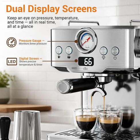 Espresso Machine 20 Bar, Barista Espresso Maker, Steam Wand, Removable Tank | OPV 9-bar stability, LCD display, 60.8oz removable water tank, Pre-heat cup warmer, POD compatible in Saudi Arabia
