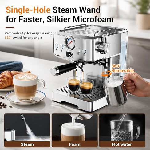 Espresso Machine 20 Bar, Barista Espresso Maker, Steam Wand, Removable Tank | OPV 9-bar stability, LCD display, 60.8oz removable water tank, Pre-heat cup warmer, POD compatible in Saudi Arabia