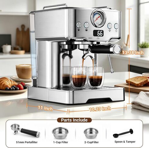 Espresso Machine 20 Bar, Barista Espresso Maker, Steam Wand, Removable Tank | OPV 9-bar stability, LCD display, 60.8oz removable water tank, Pre-heat cup warmer, POD compatible in Saudi Arabia