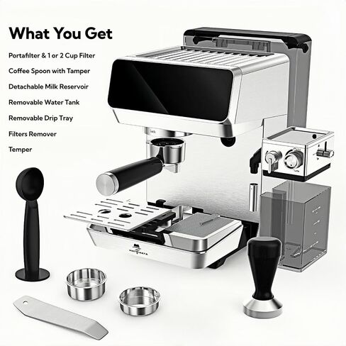 MAttinata 1833L Espresso Machine with Auto Milk Frother, Cappuccino Machine | Coffee Maker with Dual Boiler, Touch Screen, 20 Bar Italian Pump, Latte Art, Compact for Home, Self-cleaning, Stainless Steel in Saudi Arabia