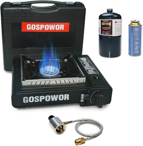 Propane or Butane Stove with Windblocker,Dual Fuel 10,000 BTU Propane Stove for Camping, Automatic Ignition Gas Portable Stove with Propane Adapter Hose Carrying Case for Outdoor (Fuel Not Included) in Saudi Arabia