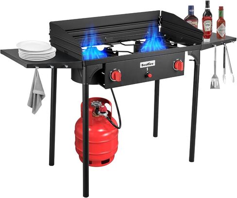 Bestfire 2 Burner Propane Stove, 150,000 BTU High Pressure Camping Burner | with Windscreen, Side Shelves, Removable Legs, CSA Certified for Outdoor BBQ Backyard Cooking in Kuwait