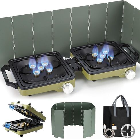 2-Burner Portable Propane Camping Stove with Windshield, 30000 BTU Foldable Gas Stove with Independently Adjustable Heat Coffee Stand & Carry Bag, Gas Stove for Cooking, Tailgating (Green) in Saudi Arabia
