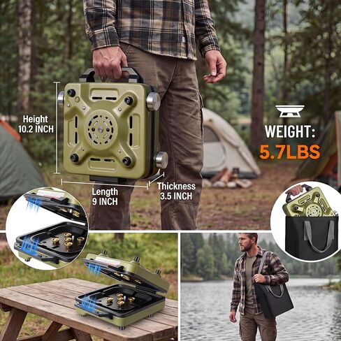 2-Burner Portable Propane Camping Stove with Windshield, 30000 BTU Foldable Gas Stove with Independently Adjustable Heat Coffee Stand & Carry Bag, Gas Stove for Cooking, Tailgating (Green) in Saudi Arabia