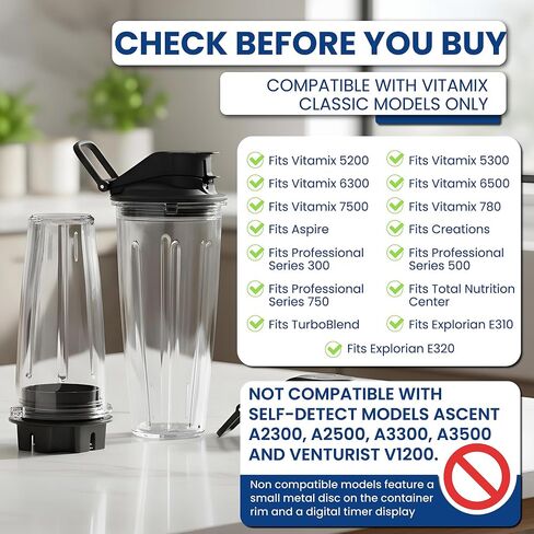 محول الأكواب الشخصية من MRX Solutions يناسب خلاطات Vitamix الكلاسيكية 5200، 5300، 6300، 6500، 7500، 780 وأكثر + كوبين معزولين مانعين للتسرب خاليين من مادة BPA بسعة 20 أونصة - غير متوافق مع نماذج الاكتشاف الذاتي in Kuwait