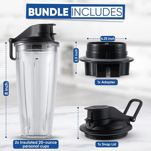 محول الأكواب الشخصية من MRX Solutions يناسب خلاطات Vitamix الكلاسيكية 5200، 5300، 6300، 6500، 7500، 780 وأكثر + كوبين معزولين مانعين للتسرب خاليين من مادة BPA بسعة 20 أونصة - غير متوافق مع نماذج الاكتشاف الذاتي in Kuwait