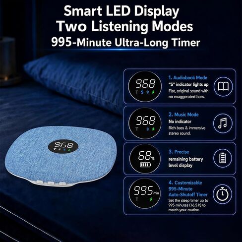 Under Pillow Speaker for Sleeping, Dual Bone Conduction Pillow Speaker Bluetooth, LED Display, Two Listening Playback Modes, 955-Minute Timer Adjustment, 16 Hour Battery Life for Side Sleepers (Blue) in Saudi Arabia