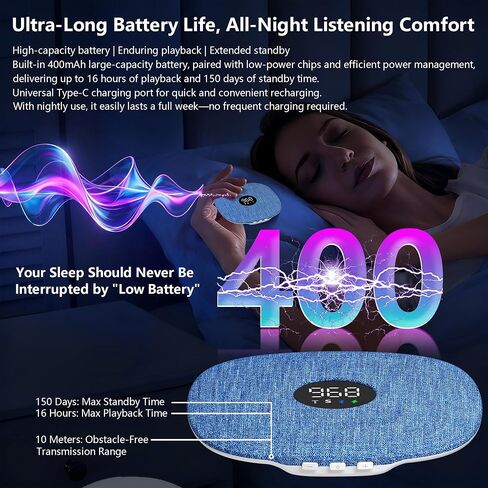 Under Pillow Speaker for Sleeping, Dual Bone Conduction Pillow Speaker Bluetooth, LED Display, Two Listening Playback Modes, 955-Minute Timer Adjustment, 16 Hour Battery Life for Side Sleepers (Blue) in Saudi Arabia