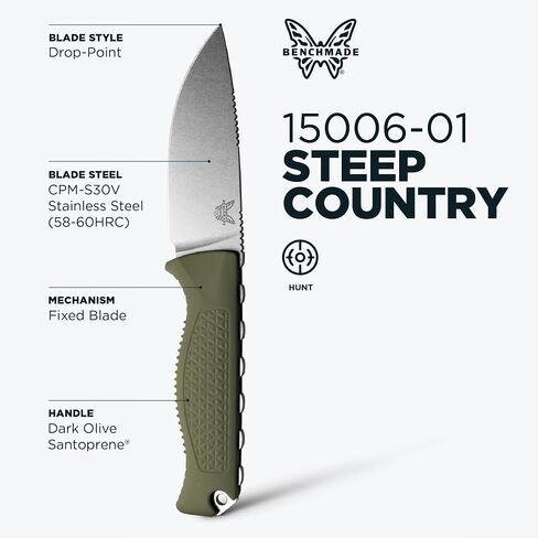 Benchmade Steep Country Hunting Knife, S30V Steel Blade (15006-01) | Dark Olive Santoprene handle, Drop-Point blade in Kuwait