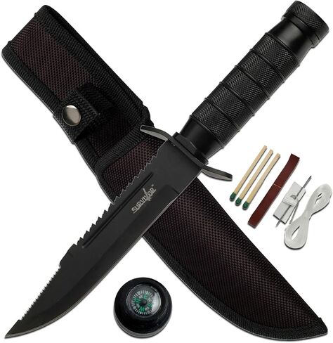 SURVIVOR Fixed Blade Knife, Survival Kit and Compass with Nylon Sheath – Prep, Survive, Camping, Outdoors, HK-695 Series (Black) in Saudi Arabia