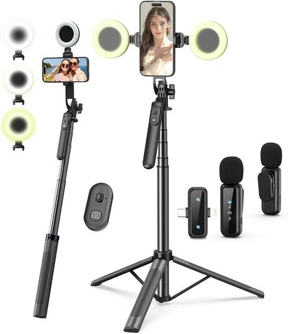 Yeaki Vlogging Kit for iPhone/Android, 71" Selfie Stick Tripod for iPhone with Light, Wireless Remote & Microphone, Adjustable Phone Tripod for TikTok/YouTube Starter Content Creator Essentials Kit in Saudi Arabia