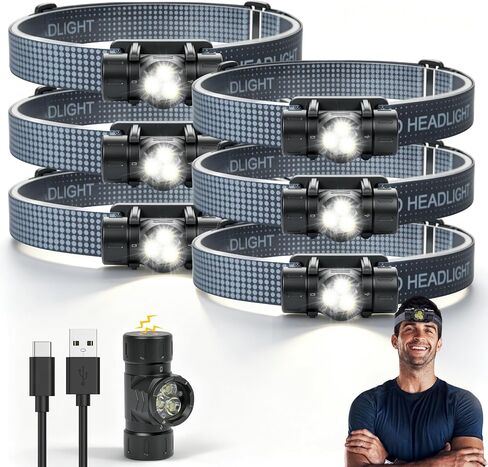 Rechargeable Headlamp 6PCS, Super Bright LED Headlamp with 4 Modes, 180° Adjustable Beam Angle, Head Lights for Forehead, Hard Hat Headlight, IPX4 Waterproof, Ideal for Camping, Hiking, Fishing in Saudi Arabia