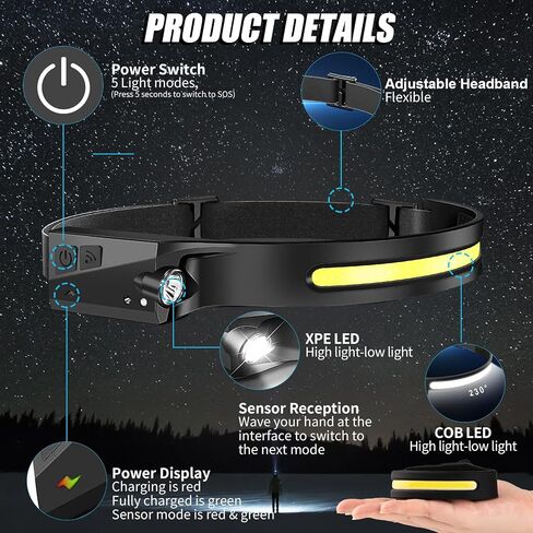 Headlamp Rechargeable 8 Pack, LED Headlight Flashlight Super Bright with 230° Wide Beam, 5 Modes Waterproof Head Lamp for Outdoor Hiking Running Camping in Saudi Arabia