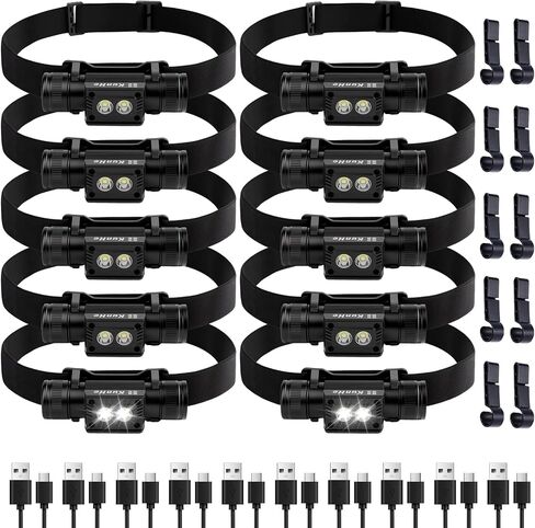 KunHe 10 Pack Rechargeable Headlamp Aluminum Alloy LED USB-C Headlight IP44 Waterproof Three Brightness Modes Suitable for Camping Hiking Hunting Maintenance and Dog Walking in Saudi Arabia