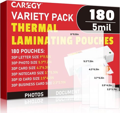 CAREGY 180 Count Thermal Laminating Pouches,5Mil | Various Sizes Laminating Sheets for Photos, Notecards, ID Badges and Business Cards,Compatible with Laminators in Saudi Arabia